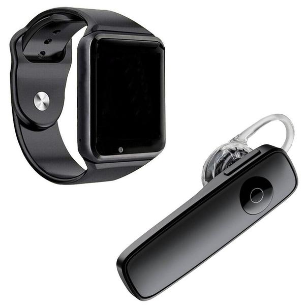 Kit 1 Relógio SmartWatch A1 Preto + 1 Fone de Ouvido Sem Fio Bluetooth Headset Preto