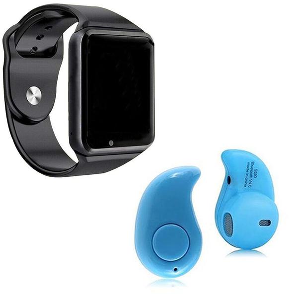 Kit 1 Relógio SmartWatch A1 Preto + 1 Mini Fone Bluetooh Azul