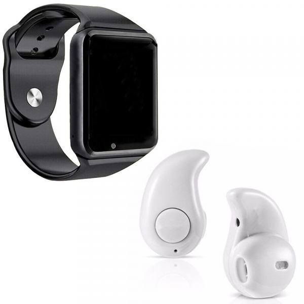 Kit 1 Relógio SmartWatch A1 Preto + 1 Mini Fone Bluetooh Branco