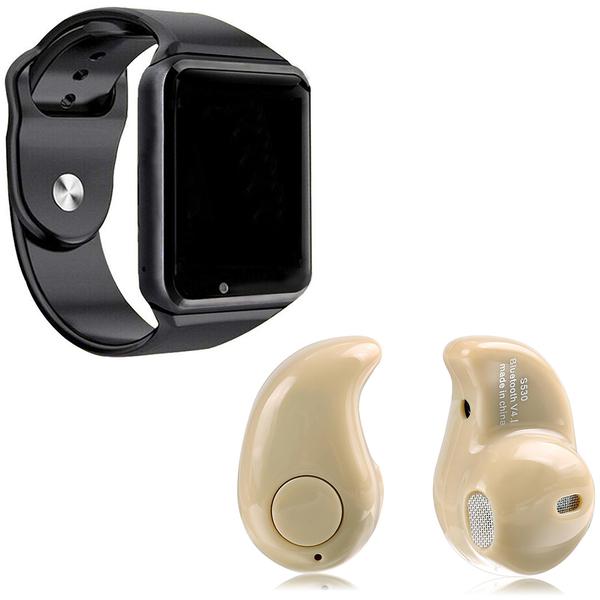 Kit 1 Relógio SmartWatch A1 Preto + 1 Mini Fone Bluetooh Marfim