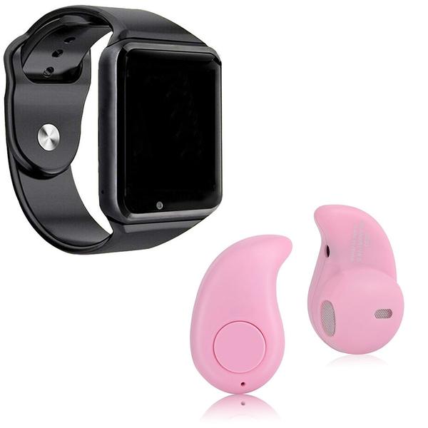 Kit 1 Relógio SmartWatch A1 Preto + 1 Mini Fone Bluetooh Rosa