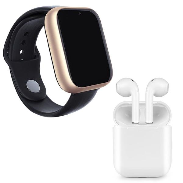 Kit 1 Relógio SmartWatch Z6 Dourado + 1 Fone Bluetooth I9S TWS Branco - Smart Bracelet