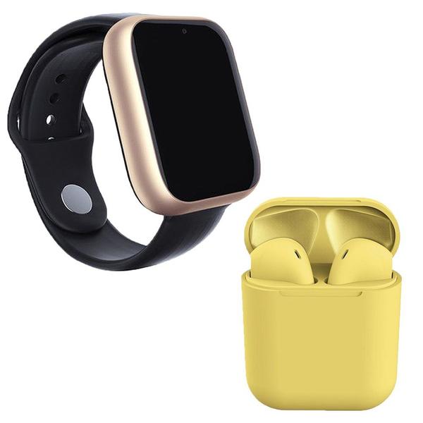 Kit 1 Relógio SmartWatch A1 Pro Plus Dourado + 1 Fone Bluetooth InPods 12 Amarelo - Z Smart