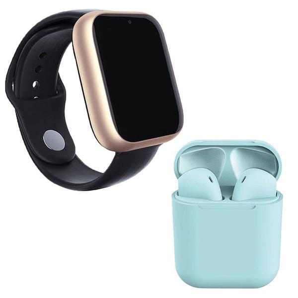 Kit 1 Relógio SmartWatch A1 Pro Plus Dourado + 1 Fone Bluetooth InPods 12 Azul - Smart Bracelet