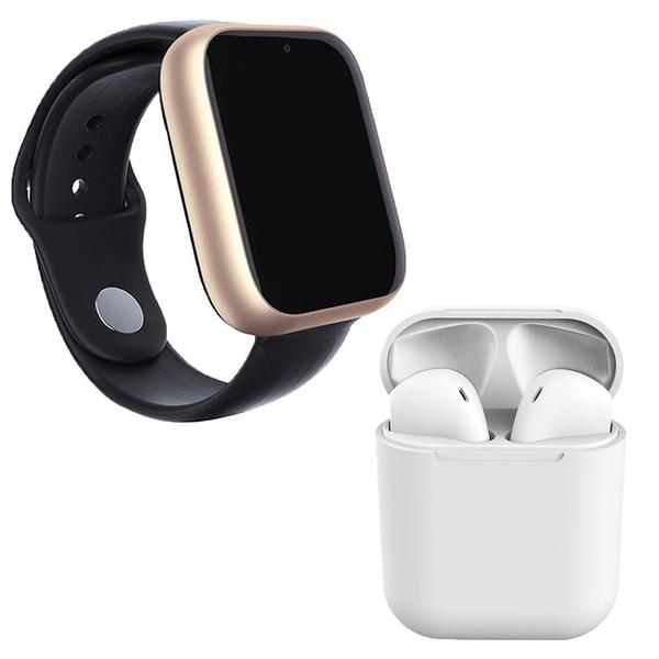 Kit 1 Relógio SmartWatch A1 Pro Plus Dourado + 1 Fone Bluetooth InPods 12 Branco - Smart Bracelet