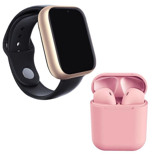 Kit 1 Relógio SmartWatch A1 Pro Plus Dourado + 1 Fone Bluetooth InPods 12 Rosa - Smart Bracelet