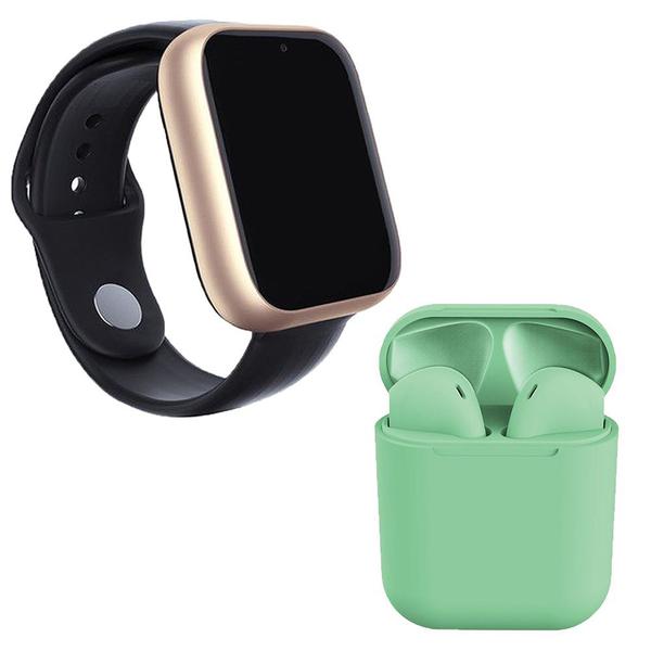 Kit 1 Relógio SmartWatch A1 Pro Plus Dourado + 1 Fone Bluetooth InPods 12 Verde - Smart Bracelet