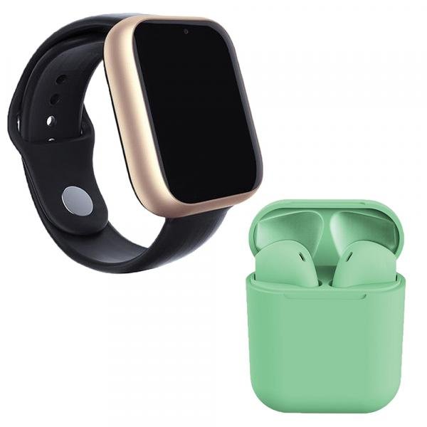 Kit 1 Relógio SmartWatch A1 Pro Plus Dourado + 1 Fone Bluetooth InPods 12 Verde - Z Smart