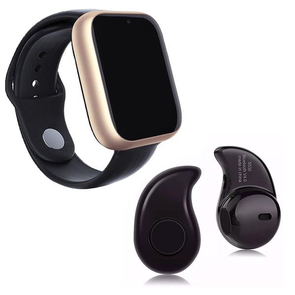 Kit 1 Relógio SmartWatch A1 Pro Plus Dourado + 1 Mini Fone Bluetooth Preto - Smart Bracelet