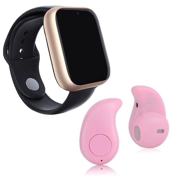 Kit 1 Relógio SmartWatch A1 Pro Plus Dourado + 1 Mini Fone Bluetooth Rosa - Smart Bracelet