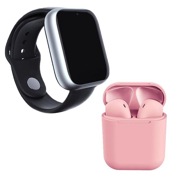 Kit 1 Relógio SmartWatch A1 Pro Plus Prata + 1 Fone Bluetooth InPods 12 Rosa - Smart Bracelet