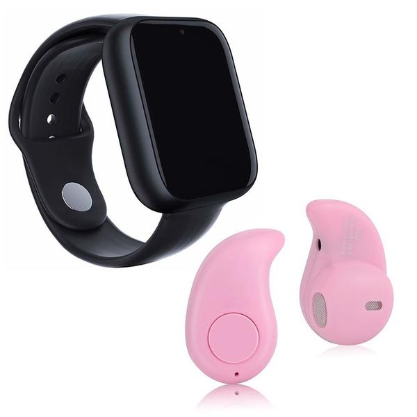 Kit 1 Relógio SmartWatch A1 Pro Plus Preto + 1 Mini Fone Bluetooth Rosa - Smart Bracelet