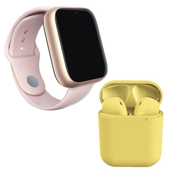 Kit 1 Relógio SmartWatch A1 Pro Plus Rosa + 1 Fone Bluetooth InPods 12 Amarelo - Smart Bracelet