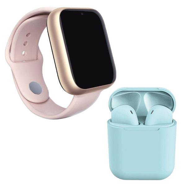 Kit 1 Relógio SmartWatch A1 Pro Plus Rosa + 1 Fone Bluetooth InPods 12 Azul - Smart Bracelet