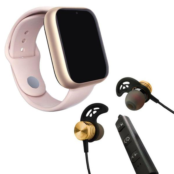 Kit 1 Relógio SmartWatch A1 Pro Plus Rosa + 1 Fone Sem Fio Bluetooth Magnético Dourado - Smart Bracelet