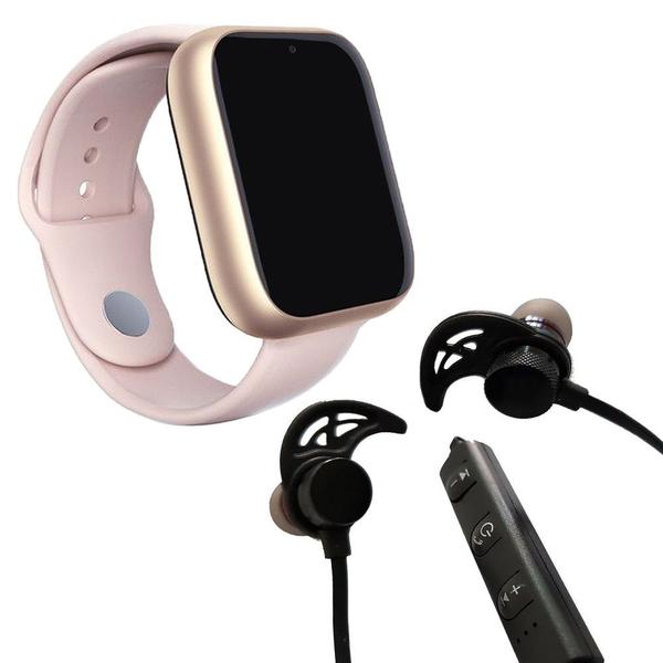 Kit 1 Relógio SmartWatch A1 Pro Plus Rosa + 1 Fone Sem Fio Bluetooth Magnético Preto - Smart Bracelet