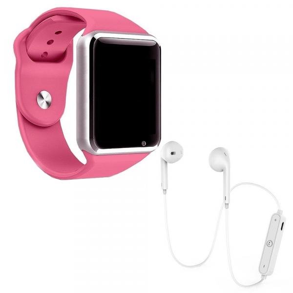 Kit 1 Relógio SmartWatch A1 Rosa + 1 Fone Bluetooh Original Branco