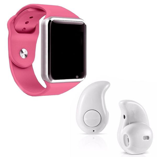 Kit 1 Relógio SmartWatch A1 Rosa + 1 Mini Fone Bluetooh Branco