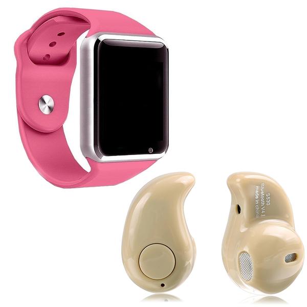 Kit 1 Relógio SmartWatch A1 Rosa + 1 Mini Fone Bluetooh Marfim