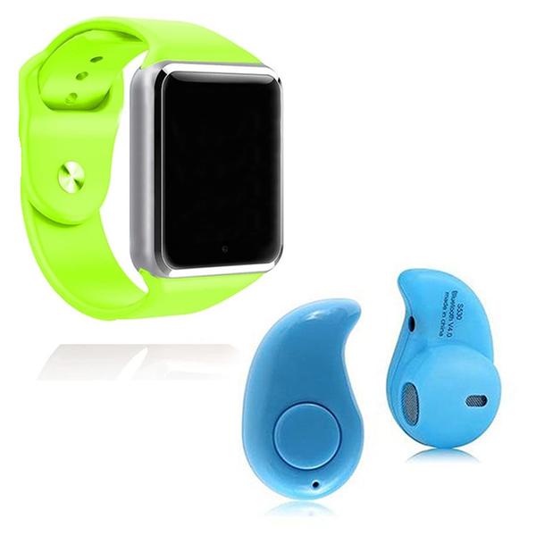 Kit 1 Relógio SmartWatch A1 Verde + 1 Mini Fone Bluetooh Azul