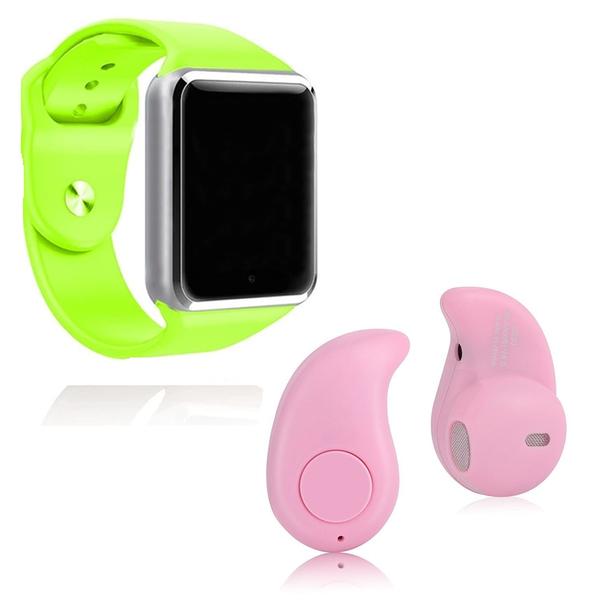 Kit 1 Relógio SmartWatch A1 Verde + 1 Mini Fone Bluetooh Rosa