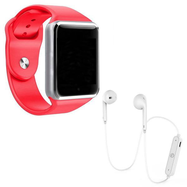 Kit 1 Relógio SmartWatch A1 Vermelho + 1 Fone Bluetooh Original Branco