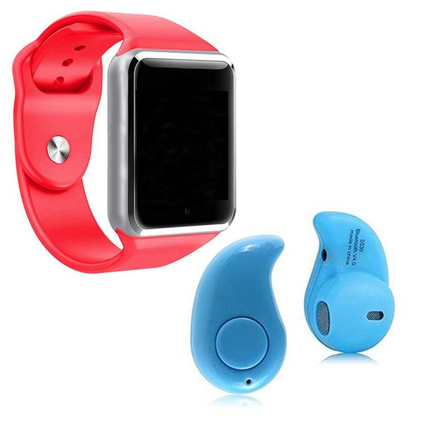 Kit 1 Relógio SmartWatch A1 Vermelho + 1 Mini Fone Bluetooh Azul