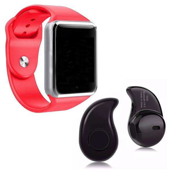 Kit 1 Relógio SmartWatch A1 Vermelho + 1 Mini Fone Bluetooh Preto