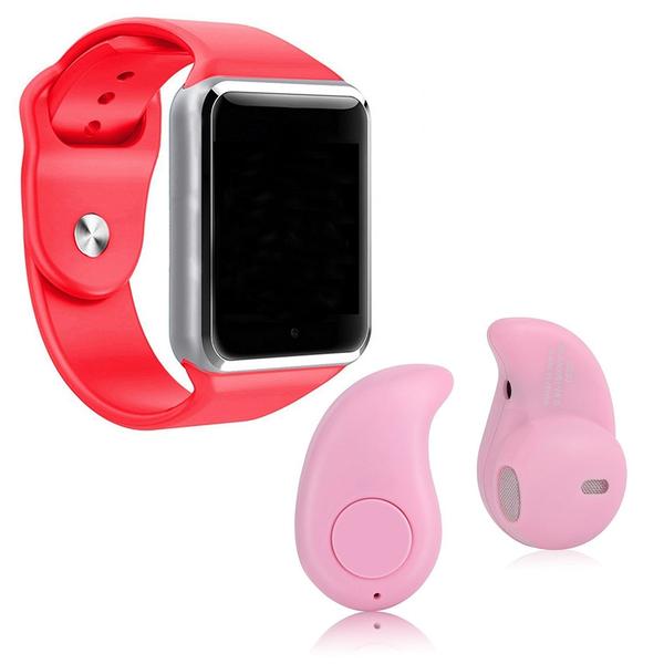 Kit 1 Relógio SmartWatch A1 Vermelho + 1 Mini Fone Bluetooh Rosa