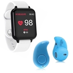 Kit 1 Relógio Smartwatch B57 Hero Band 3 Branco + 1 Mini Fone Bluetooth Azul