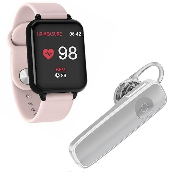 Kit 1 Relógio Smartwatch B57 Hero Band 3 Rosa + 1 Fone de Ouvido Sem Fio Bluetooth Headset Branco - B Smart