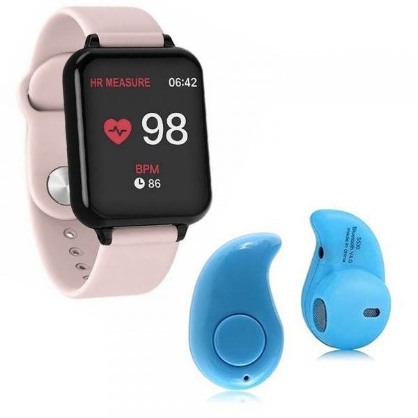 Kit 1 Relógio Smartwatch B57 Hero Band 3 Rosa + 1 Mini Fone Bluetooth Azul - B Smart