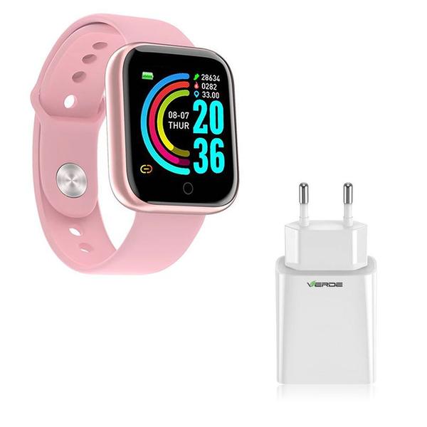 Kit 1 Relógio Smartwatch D20 Rosa Esportivo Android IOS + 1 Base de Carregador - Smart Bracelet