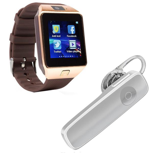 Kit 1 Relógio SmartWatch DZ09 Dourado + 1 Fone de Ouvido Sem Fio Bluetooth Headset Branco