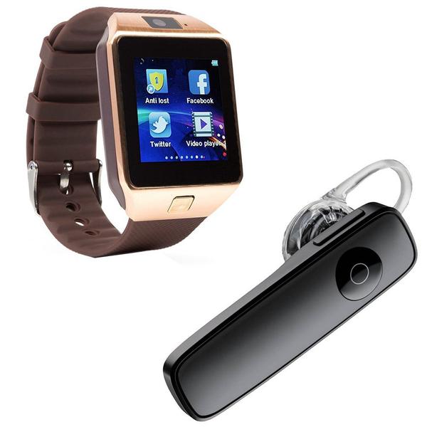 Kit 1 Relógio SmartWatch DZ09 Dourado + 1 Fone de Ouvido Sem Fio Bluetooth Headset Preto - Smart Bracelet