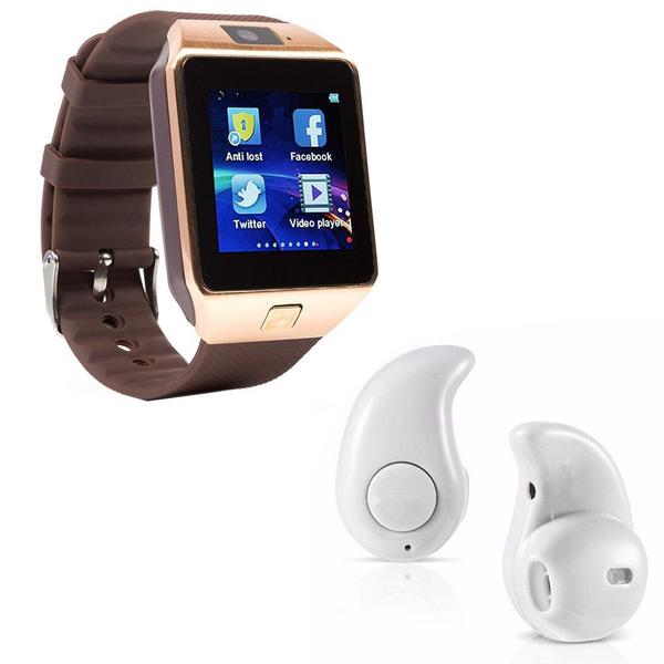 Kit 1 Relógio SmartWatch DZ09 Dourado + 1 Mini Fone Bluetooh Branco - Smart Bracelet