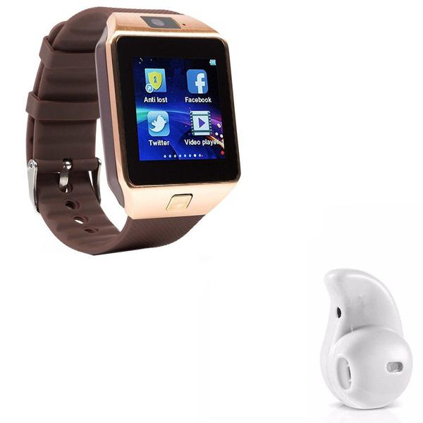 Kit 1 Relógio SmartWatch DZ09 Dourado + 1 Mini Fone Bluetooh Branco - Smart Bracelet