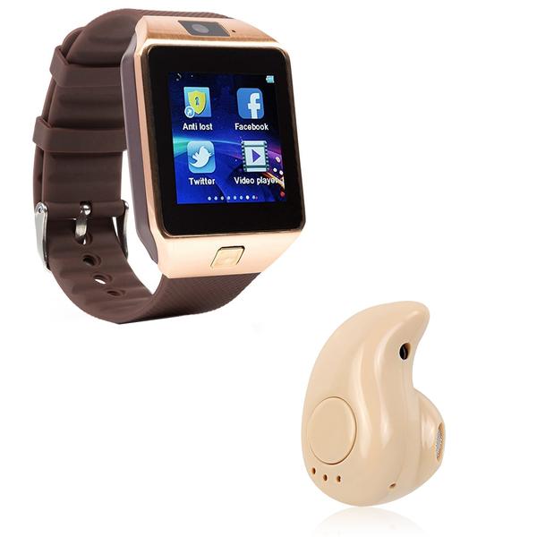 Kit 1 Relógio SmartWatch DZ09 Dourado + 1 Mini Fone Bluetooh Marfim