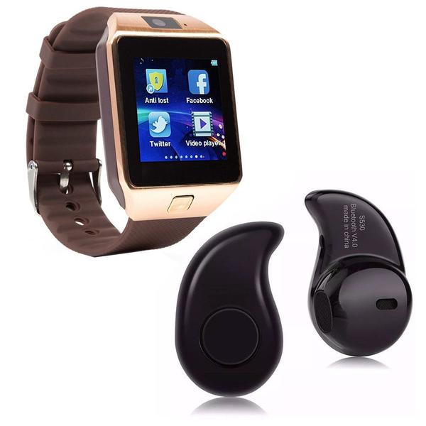Kit 1 Relógio SmartWatch DZ09 Dourado + 1 Mini Fone Bluetooh Preto - Smart Bracelet