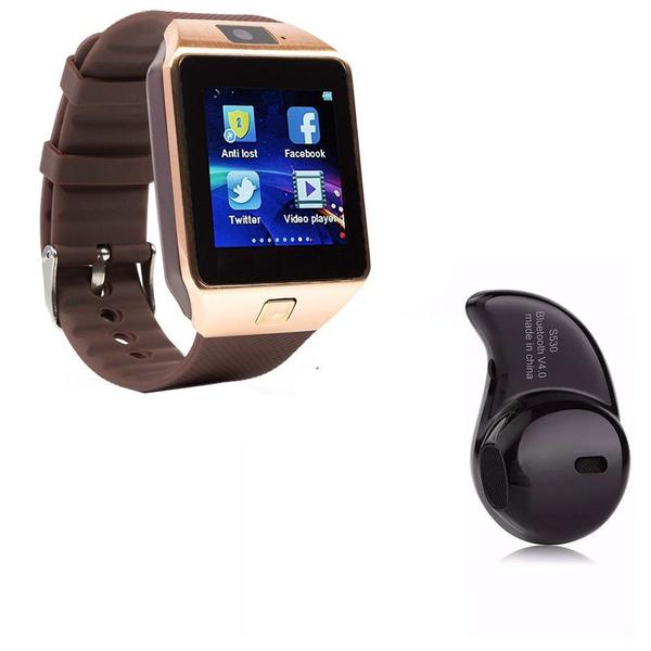 Kit 1 Relógio SmartWatch DZ09 Dourado + 1 Mini Fone Bluetooh Preto - Smart Bracelet