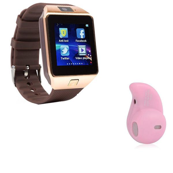 Kit 1 Relógio SmartWatch DZ09 Dourado + 1 Mini Fone Bluetooh Rosa - Smart Bracelet