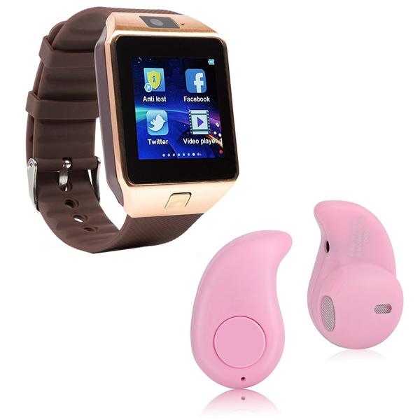 Kit 1 Relógio SmartWatch DZ09 Dourado + 1 Mini Fone Bluetooh Rosa