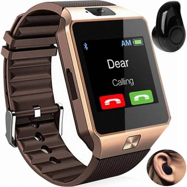 Kit 1 Relógio SmartWatch DZ09 Dourado + 1 Mini Fone Bluetooth Preto - Smart Bracelet