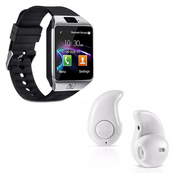 Kit 1 Relógio SmartWatch DZ09 Prata + 1 Mini Fone Bluetooh Branco