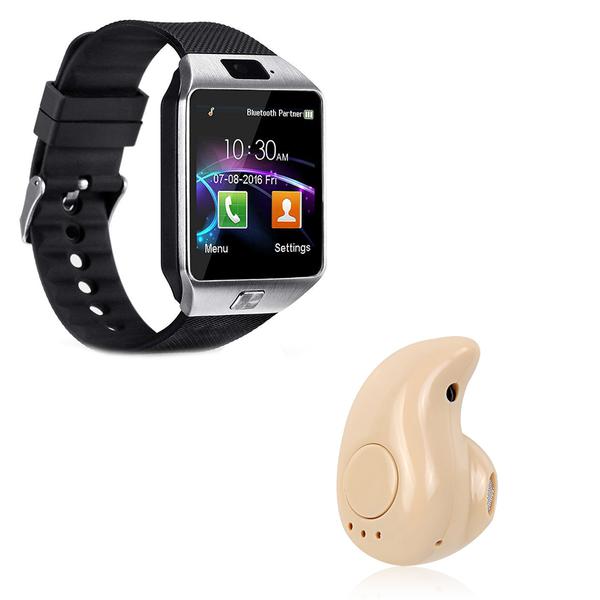 Kit 1 Relógio SmartWatch DZ09 Prata + 1 Mini Fone Bluetooh Marfim