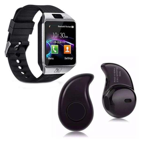 Kit 1 Relógio SmartWatch DZ09 Prata + 1 Mini Fone Bluetooh Preto - Smart Bracelet