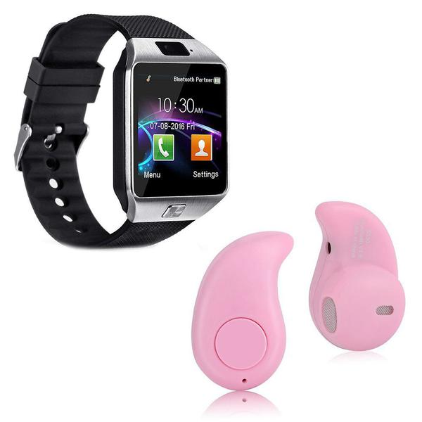 Kit 1 Relógio SmartWatch DZ09 Prata + 1 Mini Fone Bluetooh Rosa