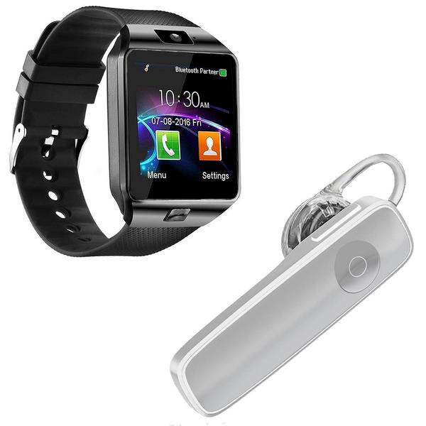 Kit 1 Relógio SmartWatch DZ09 Preto + 1 Fone de Ouvido Sem Fio Bluetooth Headset Branco