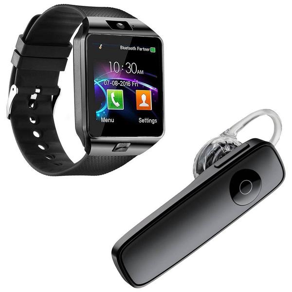 Kit 1 Relógio SmartWatch DZ09 Preto + 1 Fone de Ouvido Sem Fio Bluetooth Headset Preto