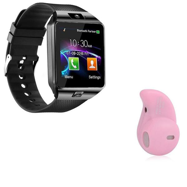 Kit 1 Relógio SmartWatch DZ09 Preto + 1 Mini Fone Bluetooh Rosa - Smart Bracelet